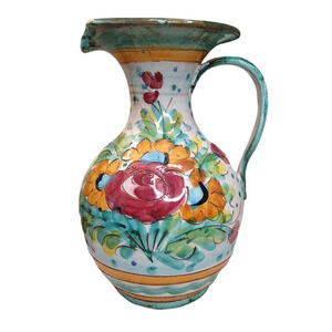 Vintage Hand Painted Pitcher Flowers Pottery Jug Floral Carved Mexico? Italy?